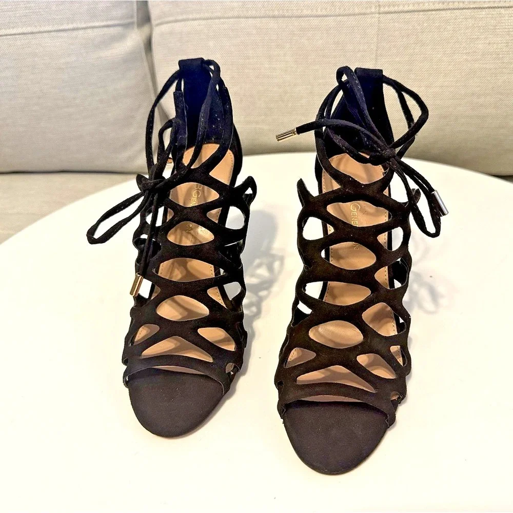 BCBGeneration Faux Suede Black Cutout Strappy Stiletto Heels